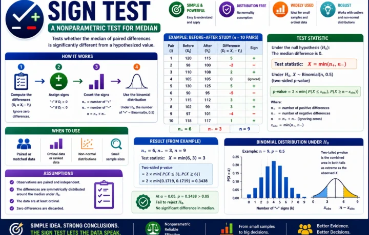 Sign Test: Formula, Example, Calculator, Interpretation, Python, R, SPSS and Excel Guide guide image