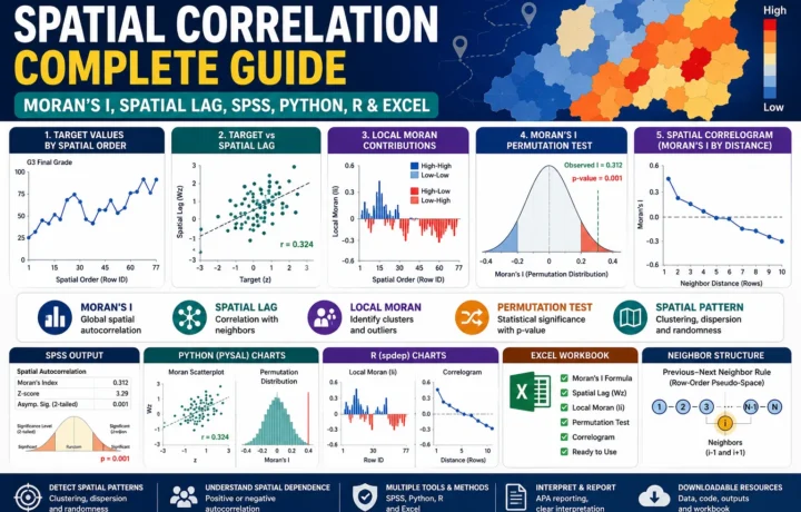 Spatial Correlation: Moran’s I, Spatial Lag, Interpretation, SPSS, Python, R and Excel Guide guide image