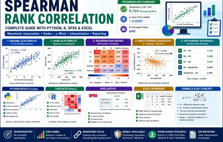 Spearman Rank Correlation: Formula, Interpretation, Python, R, SPSS and Excel Guide guide image